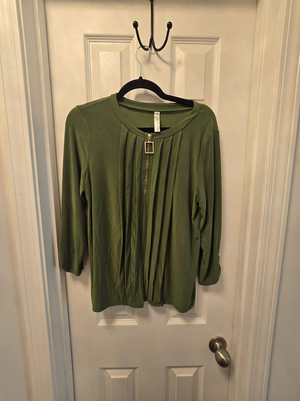 PerSeption Concept Olive Green Pleated Front Top with Decorative Zip